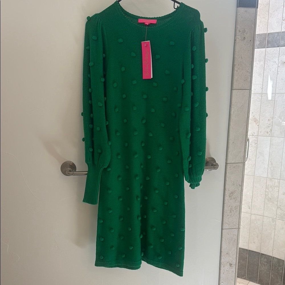 Green Knit Dress with Pom Pom Details
